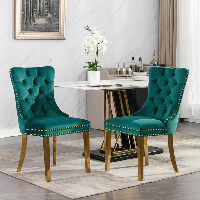 Lot de 2 Chaises de Salle à Manger Chaise de Cuisine Dossier à Ailes Pieds en métal doré Rembourrée Vert velours