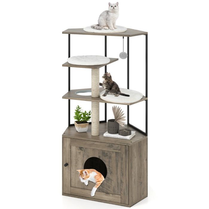 Arbre à chat en angle 78 x 50 x 138 cm avec enclos pour litière Arbre à chat en angle 78 x 50 x 138 cm avec enclos pour litière