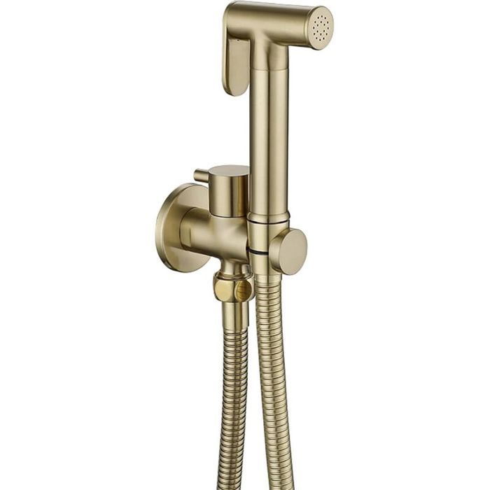 Douchette WC Bidet - PZCC - Doré brossé - Laiton haute pression - Tuyau 120 cm - Vanne 1/2 pouce