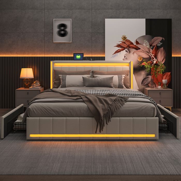 Structure de lit - SUNFECILI - SUNFECILI - 180x200 cm - 4 tiroirs - LED & USB