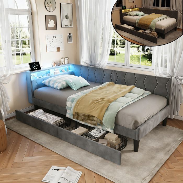 Lit Gigogne 90x200cm 1 place -LED/Ports USB/Type-C -Canapé lit Convertible avec 2 Tiroirs -Cadre de Lit avec Sommier -Velours Gris
