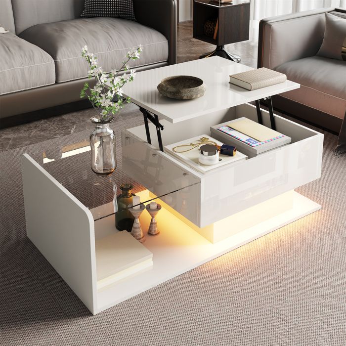 Table Basse Relevable LED 100 cm avec Plateau en Verre Trempé et Rangement Table de Salon Blanc Haute Brillance
