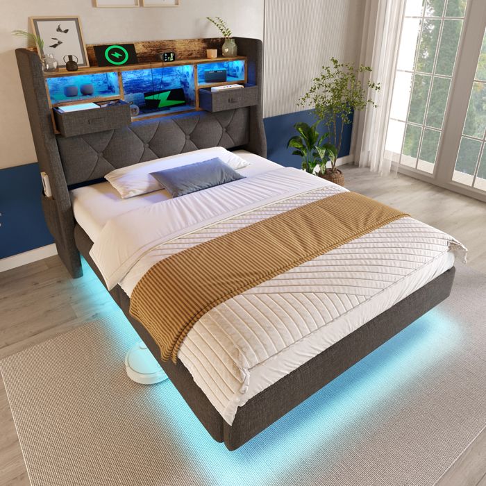 Lit Rembourré 90x200 cm Lit Simple avec Effet Flottant LED Tête de Lit Capitonnée Charge USB Sommier à Lattes - Tissu Lin - Gris