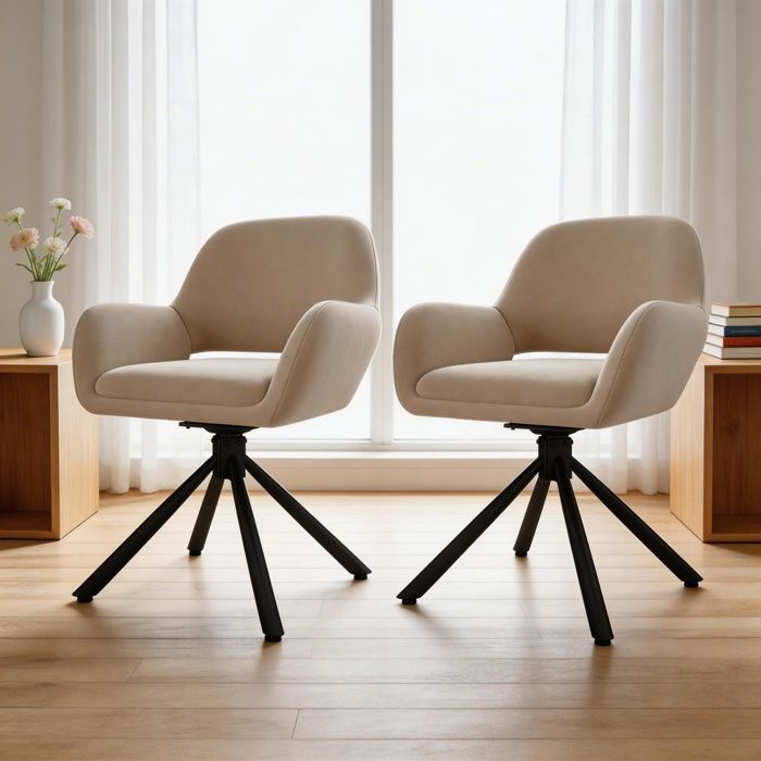 Chaise de salle à manger pivotante - Lot 2 velours beige - Accoudoirs - Structure métal - Charge 150 kg