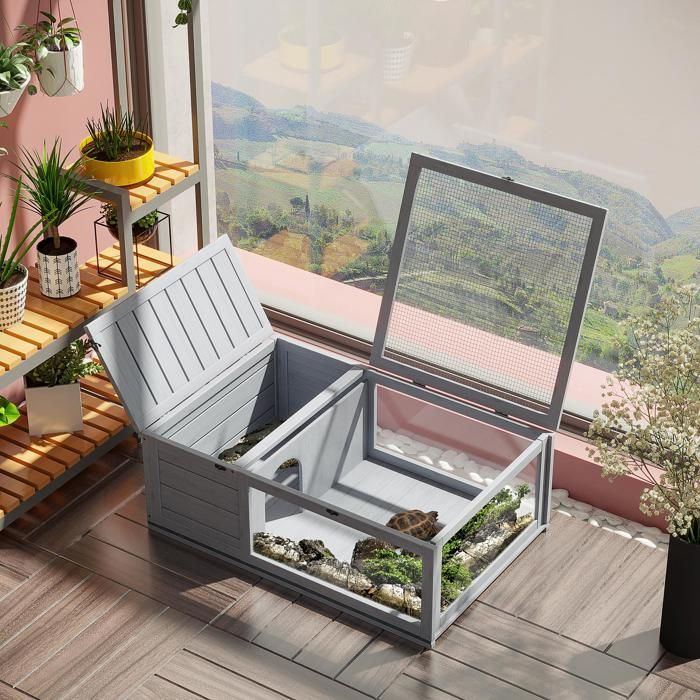 Comparer les prix de MOTHINESSTO1847-Maison enclos cage habitat pour petit animal tortues avec 2 espaces 91 x 605 x 32 cm bois massif gris