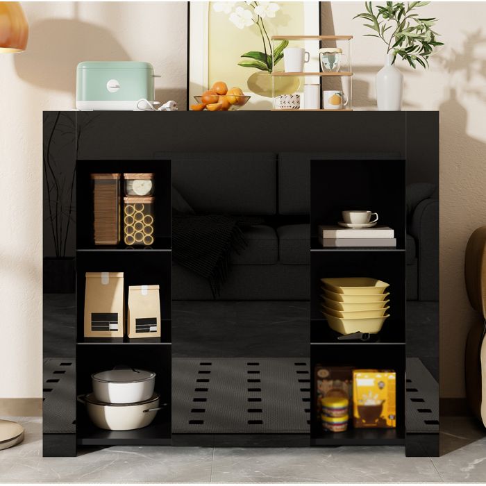 Buffet bas noir à façade brillante avec étagères en verre et porte - BEAUNIV - pour salon cuisine 95×35×83 cm