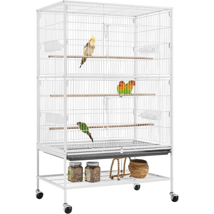 Grande Cage à Oiseaux sur Pied à Roulettes - Volière pour Canaries Perroquets Grosses Perruches Cacatoès Aras - 2 Étages 79×52×1