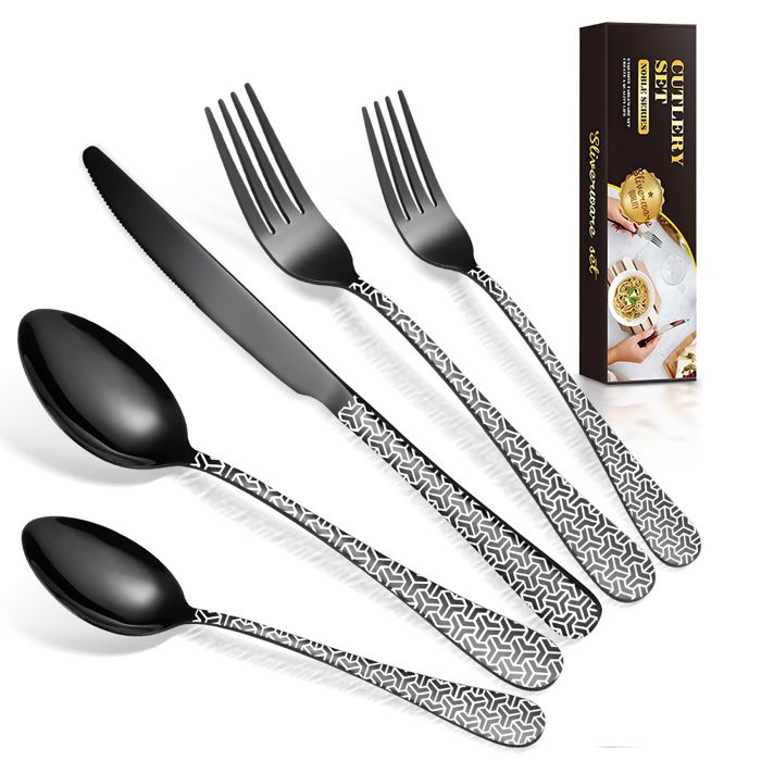 30Pièces couverts de table en acier inoxydable avec à motif quadrillé pour cuisine restaurant fête Noir