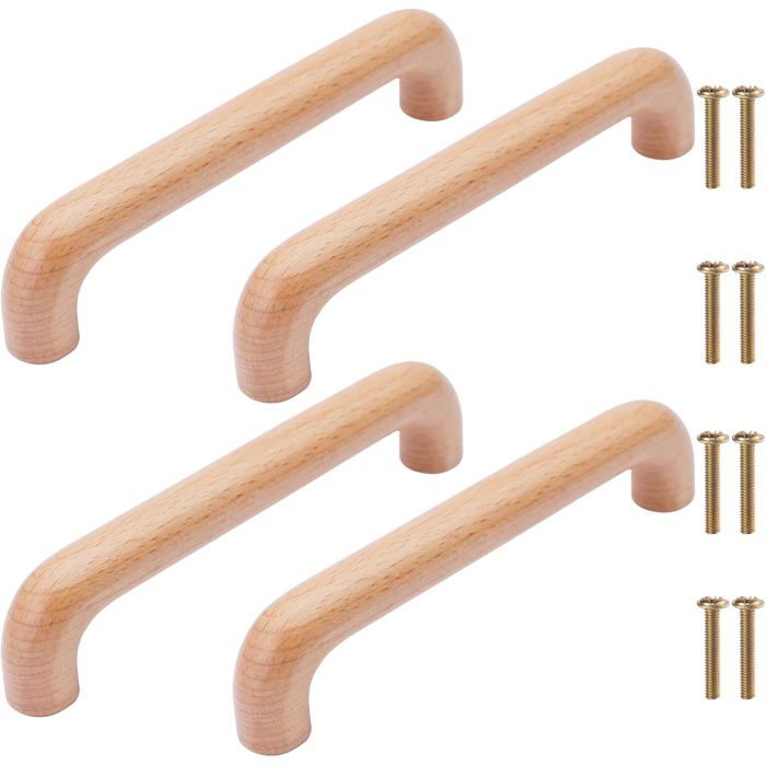 4Pcs Poignée de Meuble en Bois Bouton de Tiroir de Porte Poignées de Placard en Hêtre pour Cuisine Armoire Commode (145mm)