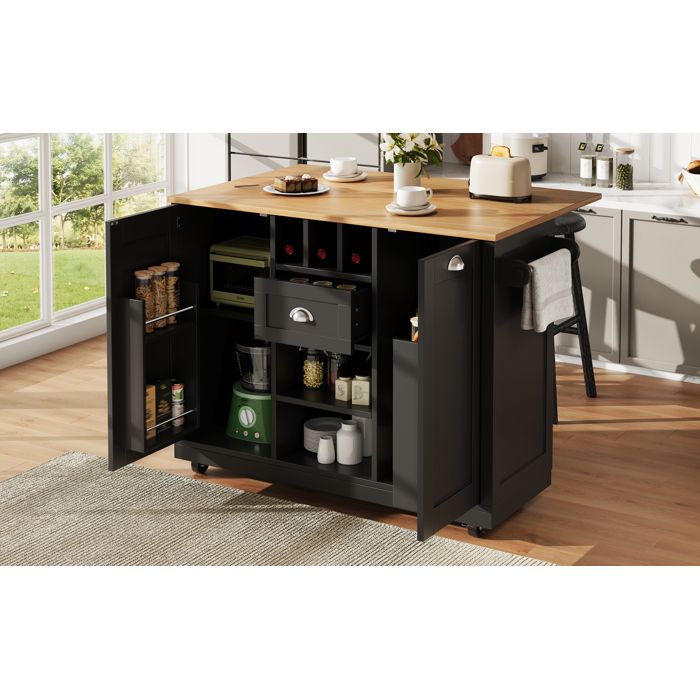 Îlot de cuisine mobile - Noir - MDF robuste - 140x40x93 5 cm - Plateau réglable 0° à 90° - Roulettes pivotantes 360°