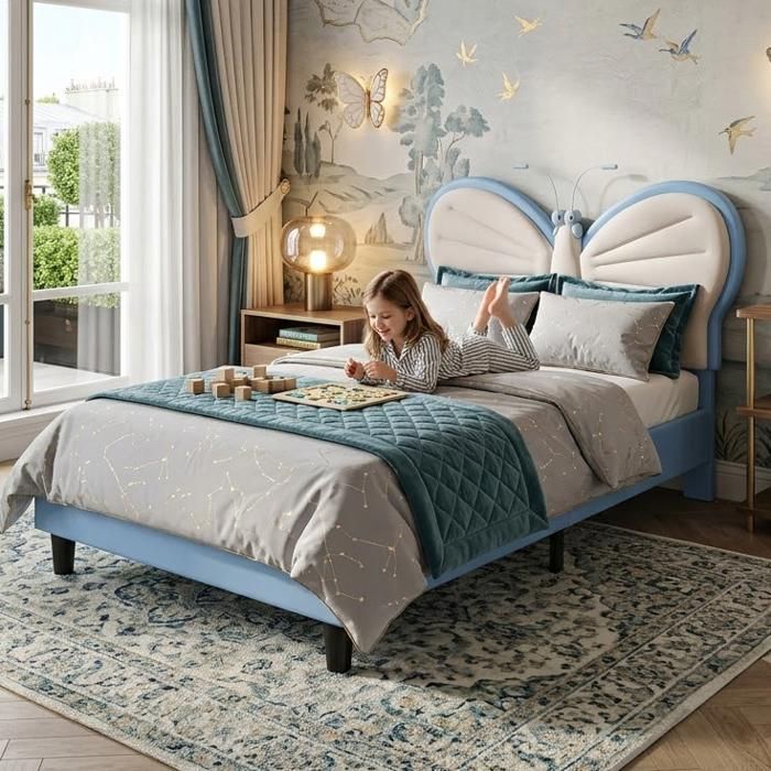 Lit Enfant Forme Papillon 90x200cm en PU Blanc Bleu Tête de lit ajustable avec Liseuse LED Sommier inclus Éclairage RGB