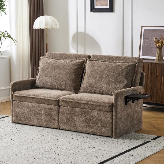Canapé-lit convertible 3 en 1 2 places en chenille marron dossier réglable 5 positions USB/Type-C