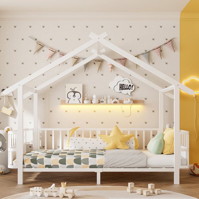 Lit cabane 90x200cm lit enfant en Forme de Maison avec barrières de sécuritéLit simple avec sommier à lattes Metal blanc