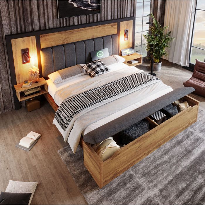 WOVREO Lit double 160x200 cm avec matelas liseuses USB/USB-C tables de chevet et banc de rangement