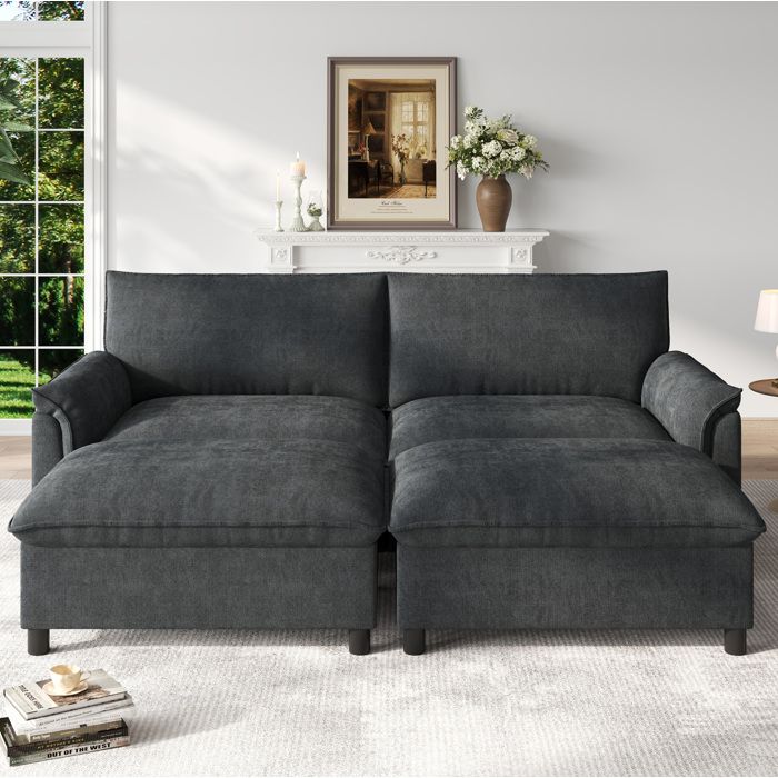 Canape Modulable En Chenille Noir 4 Places Canape D Angle U FloraGrace Pour Salon Avec 2 Poufs De Rangement 216x77x82cm