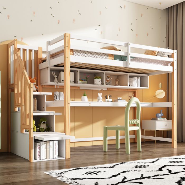Lit mezzanine enfant avec grand bureau étagères design naturel blanc couleurs écologiques lit multifonction