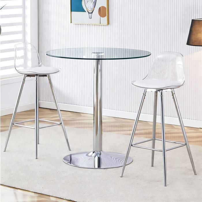 Ensemble table et chaises de bar avec table ronde en verre transparent et 2 tabourets - HAVRYA - métal argenté