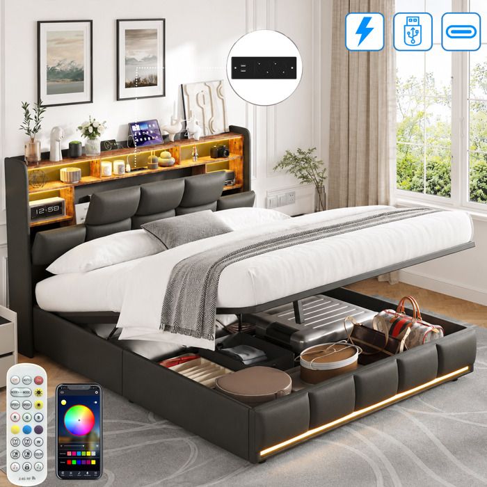 Lit Coffre Hydraulique 140x190 CM - Éclairage LED RGB et USB Type C - Rangement de Chevet - Sommier à lattes - 2 Personnes - PU Noir