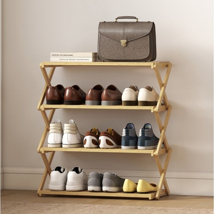 Meuble à chaussures pliable AESVAR 4 niveaux en bambou naturel 60 x 29 x 67 cm 40 kg
