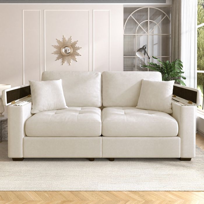 Canapé 2 places - ZEVKOR - 180 cm - Chenille beige - Rangement accoudoirs - Assise mousse ferme