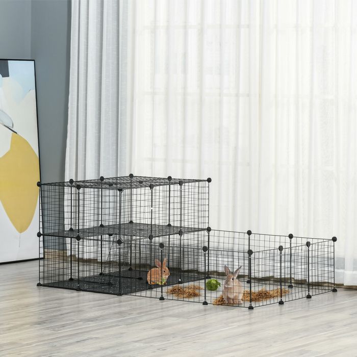 Enclos modulable pour petits animaux - 175×105×70 cm - 2 niveaux - 33 panneaux fil de fer - Panneaux PP & accessoires