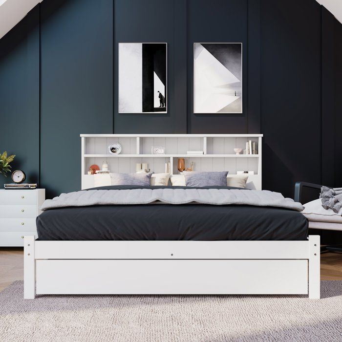 Lit coffre avec tiroirs et étagères bibliothèque lit double 140x200 en bois massif blanc