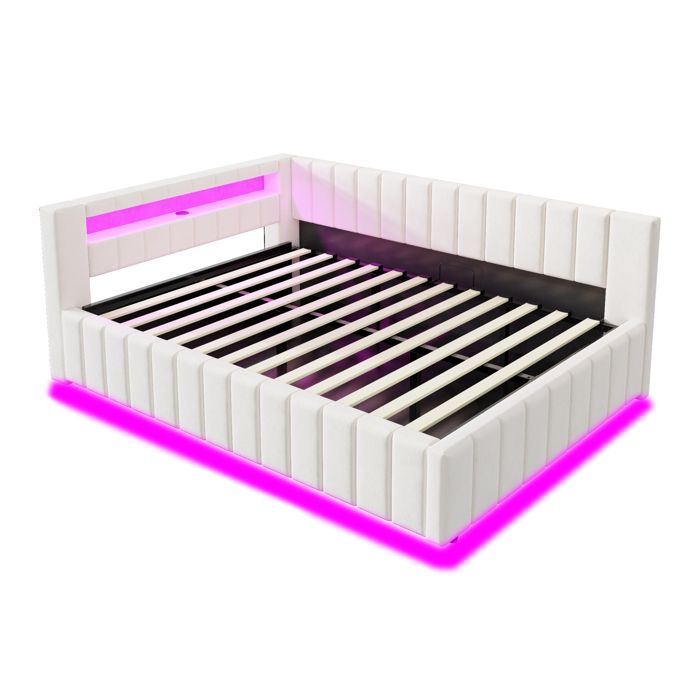 Lit banquette 140x200 cm en velours beige coffre hydraulique LED et USB sommier à lattes inclus sans matelas