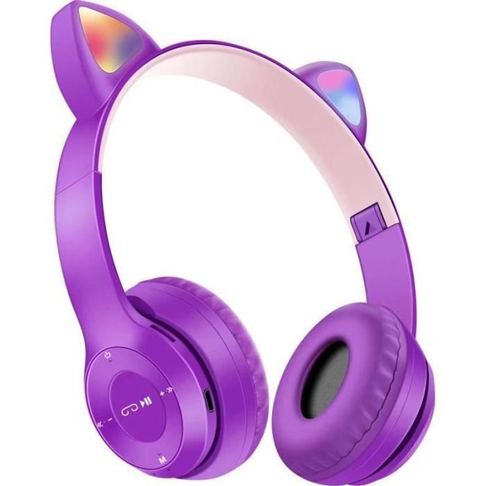 Universal - Casque bluetooth sans fil casque chat avec lumière LED (violet)  - Ecouteurs intra-auriculaires - Rue du Commerce