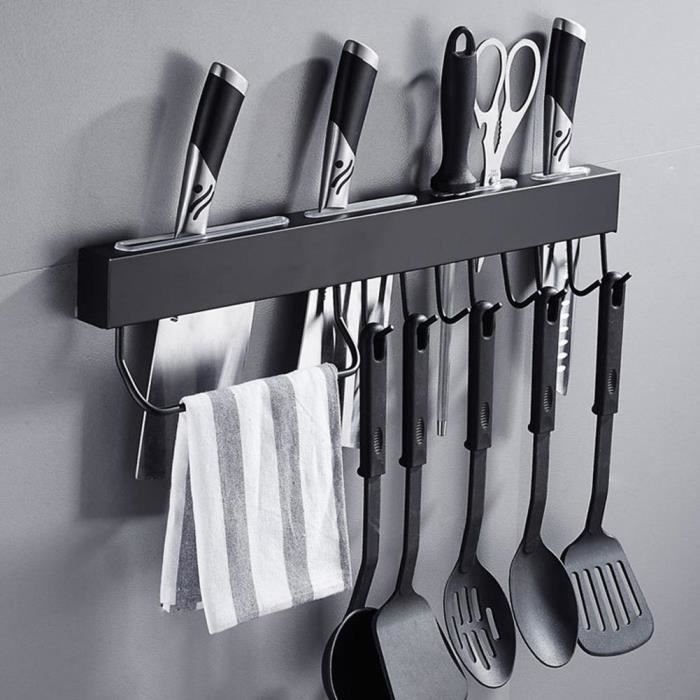 Support Mural à Ustensiles De Cuisine En Acier Inoxydable 304 - Longueur 60 Cm Avec Crochets Amovibles - Porte-couvercles, Spatules, Serviettes - 2