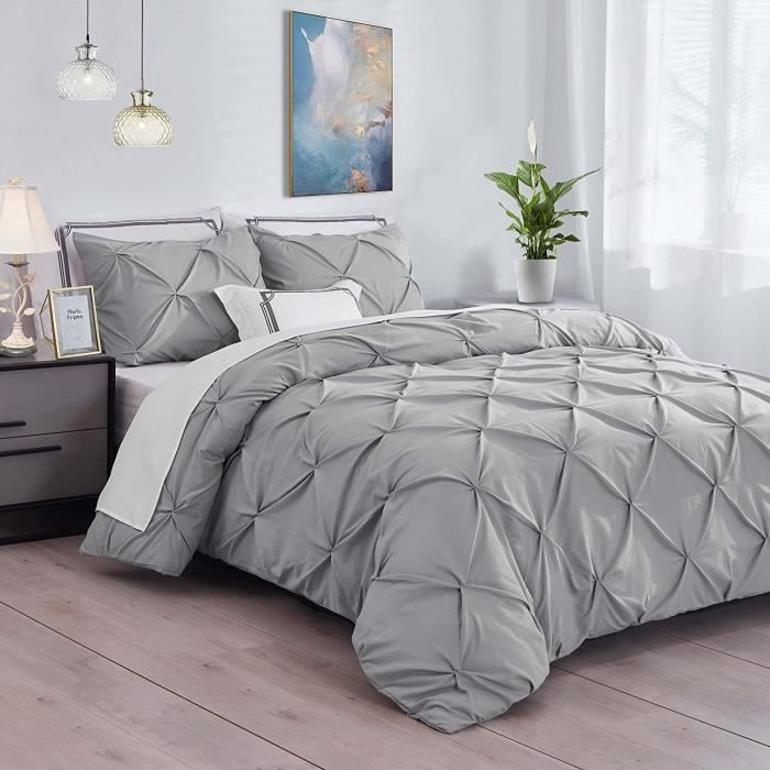 Parure De Lit Aisbo 155x220 Cm – Gris, Housse Couette + Taie – Microfibre Douce, Fermeture éclair, Coins à Rubans