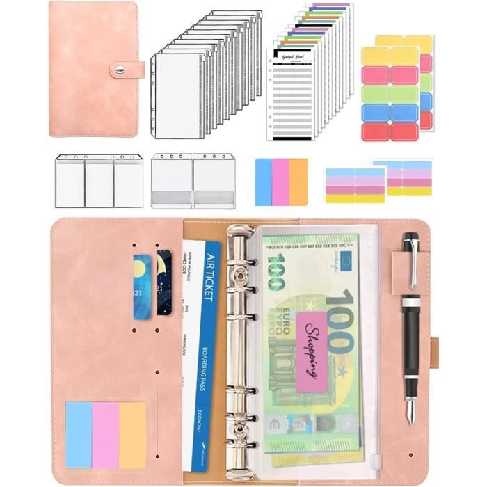 Classeur Budget A6 TOYESS - 12 Pochettes Zippées + 12 Feuilles De Budget - En Cuir PU Rose - Organisateur Finances