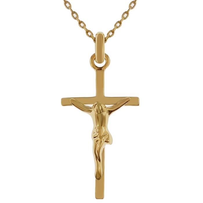 Pendentif Croix Christ Plaqué Or 18 carats + Chaîne Plaqué Or 42cm - Dorée - Adulte - Plaqué or - Mixte