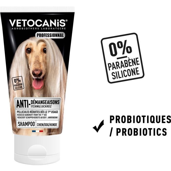 Meilleurs prix pour VETOCANIS Shampoing anti-démangeaison et peaux sensibles - 300 ml - 0% de parabène 0% de silicone - Pour chien
