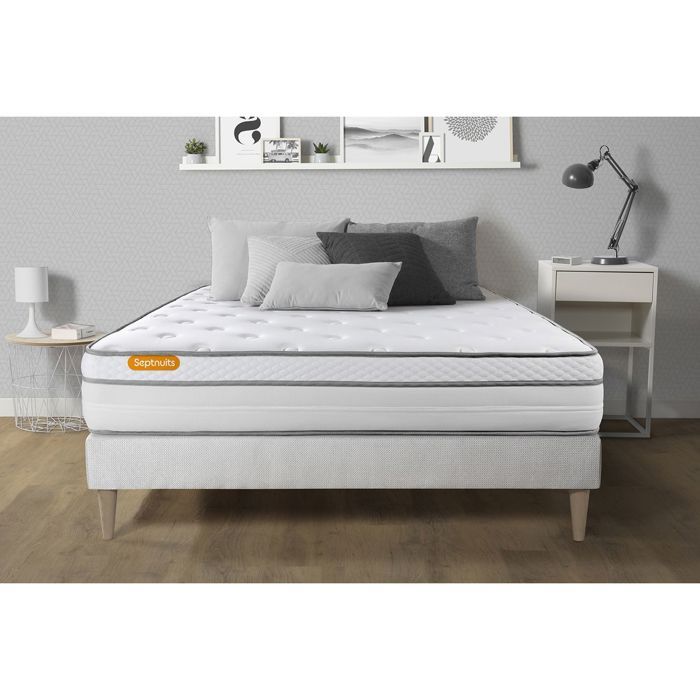 Ensemble sommier matelas 160x200 Memo luxe Ressorts ensachés et mémoire de forme - 26 cm - Equilibré - sommier kit blanc