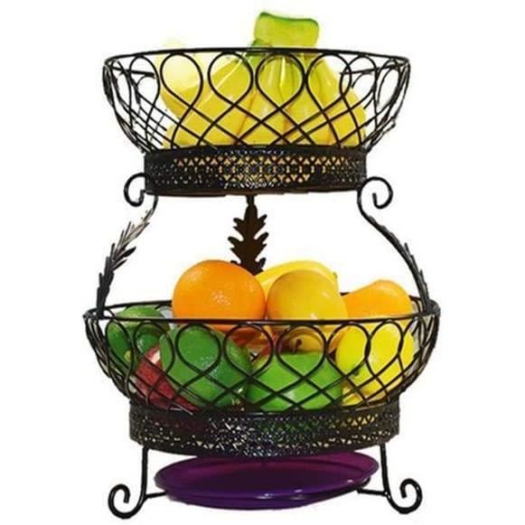Corbeille Fruits 2 Niveaux Etagère à Fruits 2 Étages Mutool - Avec Crochet Banane - Métal Noir - Gain De Place étagère à Fruits Métal - 3