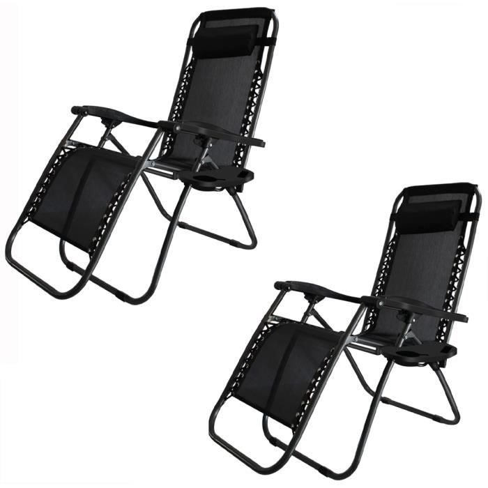 u-do 2pcs chaise longue d'extérieur fauteuil inclinable pliable chaise de sieste en métal chaise de plage portable noir