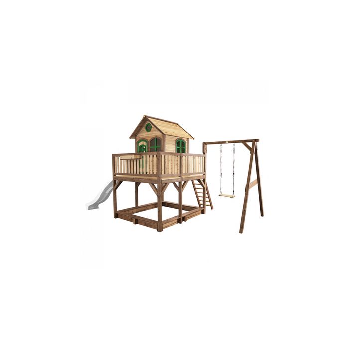 Axi Liam Maison Enfant avec Bac À Sable, 2 Balançoires & Toboggan Gris | Aire De Jeux pour L'Extérieur en Marron & Vert | Maisonnette/Cabane De Jeu en Bois Fsc