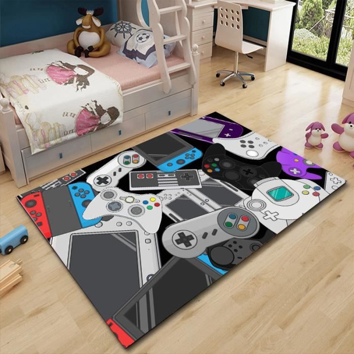 Tapis Chambre Enfant Moderne Gamer - FREOSEN - Rectangulaire - 120x160cm - Synthétique - Enfant - Gris Noir