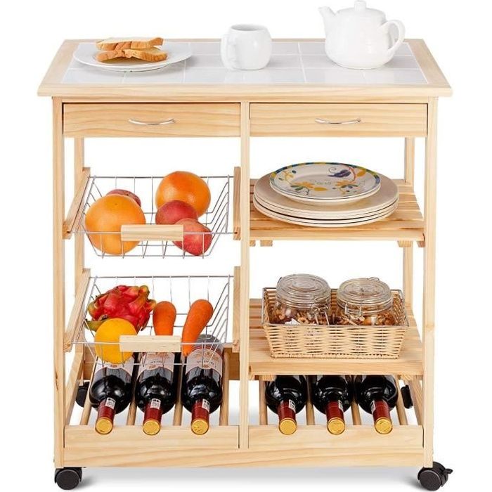 giantex desserte de cuisine à roulettes en bois - chariot de service avec 2 tiroirs +2 paniers +2 étagères à vin,naturel