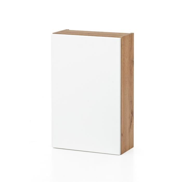 Armoire murale Kornel/Luna avec décor en chêne équipée dune porte blanche et de 2 étagères. Réalisée en panneaux de particules ... Armoire murale Kornel/Luna avec décor en chêne équipée dune porte blanche et de 2 étagères. Réalisée en panneaux de particules ...