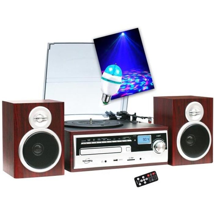 Chaîne Hifi Inovalley CH14E tourne disque vinyle 80W, Cd, Bluetooth, FM et USB, télécommande, Ampoule DIAMS LED