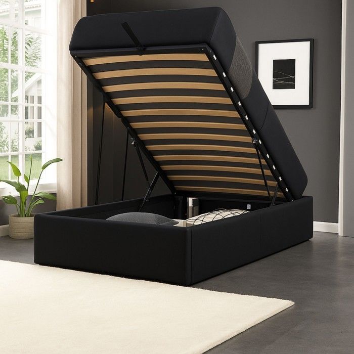 Lit Coffre - Loris - 90x200 cm - Noir - Montage Rapide - 12 Lattes en MDF