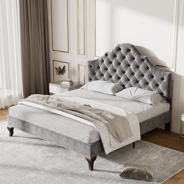 merax lit capitonné simple 140x200cm en velour gris, tête de lit réglable, sommier à lattes en bois, pour fille, style scandinave