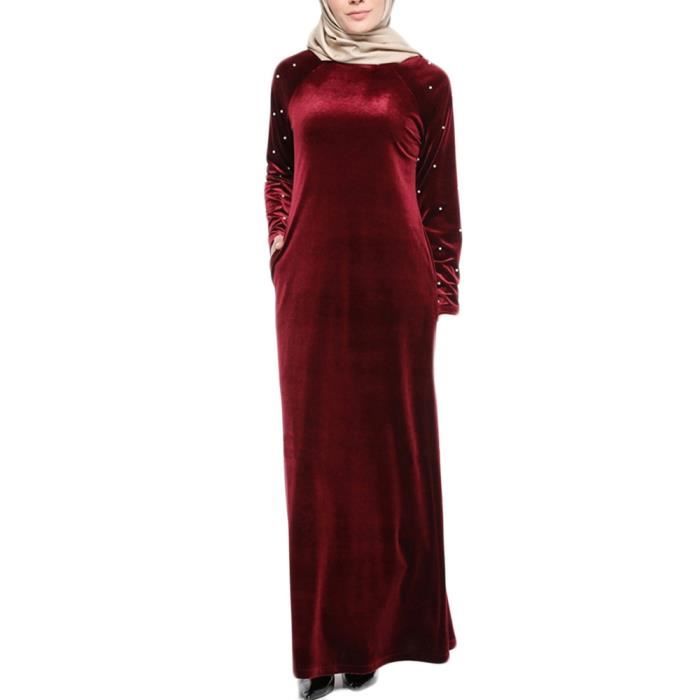 Femmes Robe Musulmanes Islamique Perlage Velvet Robe Taille Plus Moyen Orient Robe Longue At Rouge