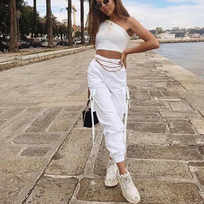 Pantalons de jogging a la mode pour femmes Lache Streetwear Pantalon cargo taille haute blanc Blanc Cdiscount Pret a Porter