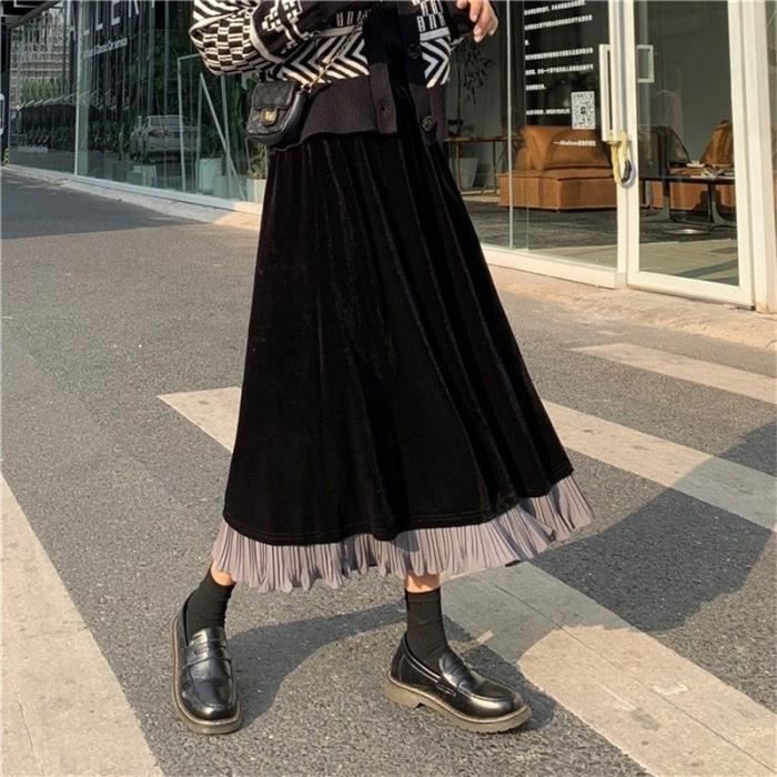 Jupe Jupe plissee en velours pour femmes Vintage couture Harajuku taille haute noir longues Jupe de fete Type Black Blanc Cdiscount Pret a Porter