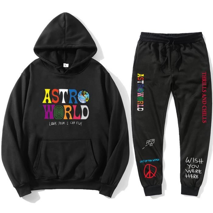 Travis Scotts ASTROWORLD Ensemble de Survetement Unisexe Sweatshirt a Capuche et Pantalon Noir