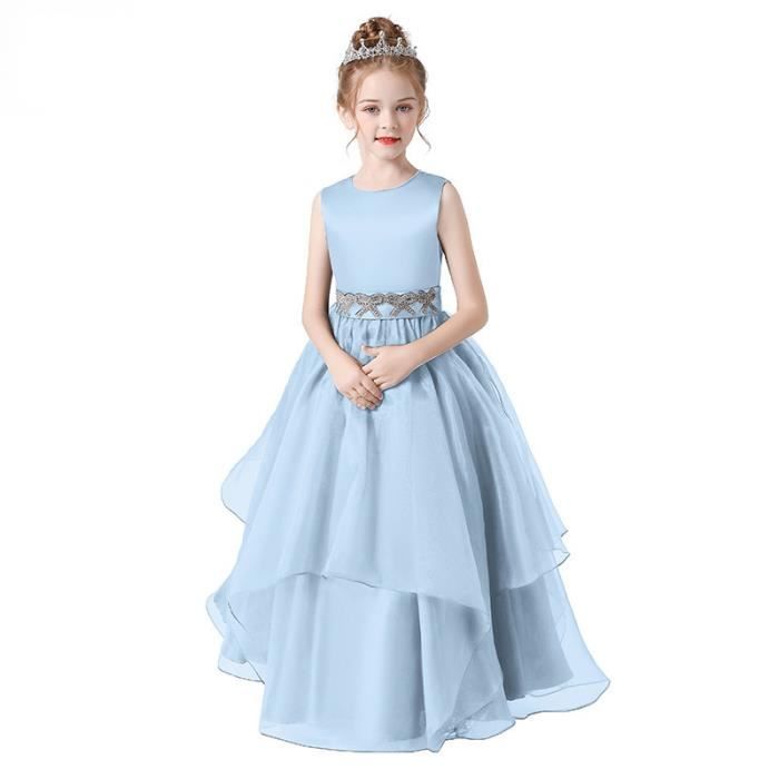 Robe de Soiree Mariage Enfant Fille Sans Manches Robe Longue de Ceremonie Col Rond Couleur Unie Bleu ciel