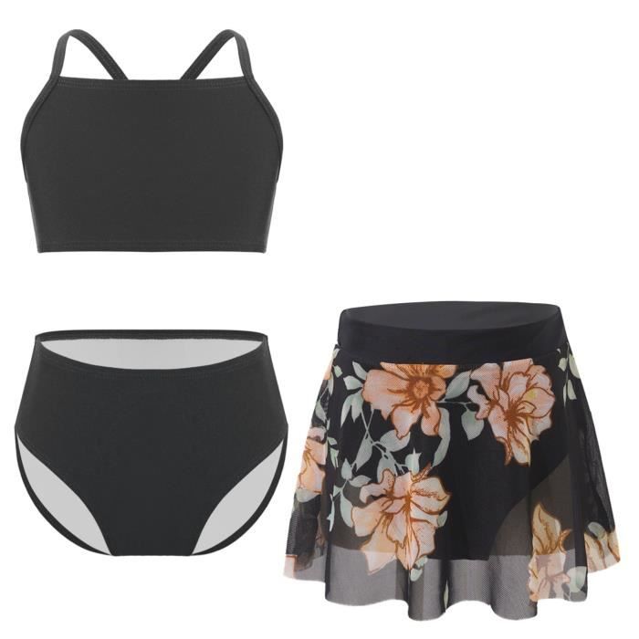 IEFIEL 3 Pieces Maillots de Bain Filles Enfants Tankini avec Haut Crop top Slip Jupette de Plage Sport Swimwear 2 10 Ans Noir Cdiscount Pret a Porter