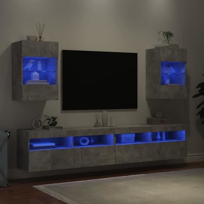 Meuble TV mural - MXZZAND - 2pcs - Gris béton - Bois dingénierie - Lumières LED RVB